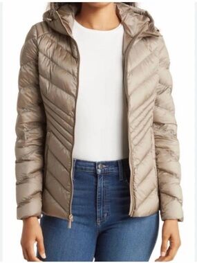 Michael Kors Packable Down Puffer Coat Hooded Chevron